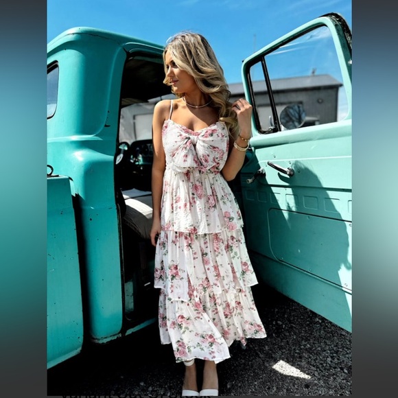 NWT By The River Charming Floral Midi Dress Bow Tiered Cottagecore Easter Deess - Picture 4 of 12